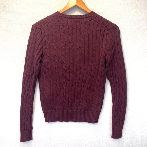 Polo Ralph Lauren Cable Knit Sweater Womens Medium Burgundy Pony Logo Y2K Style - Picture 2 of 15